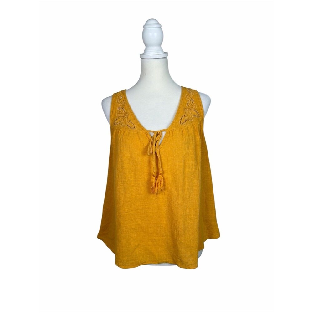 Braeve Mustard Yellow Boho Tank Top Medium Cotton Embroidered Sleeveless Peasant